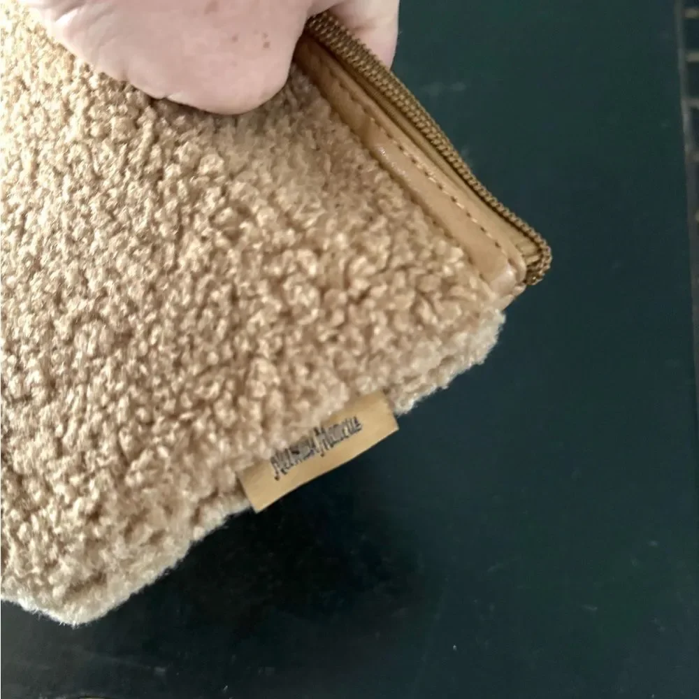 Neiman Marcus tan sherpa cosmetic bag